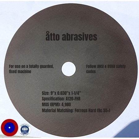 ATTO ABRASIVES Ultra-Thin Sectioning Wheels 9"x0.030"x1-1/4" Ferrous Hard Rc 55+ 3W225-075-SH